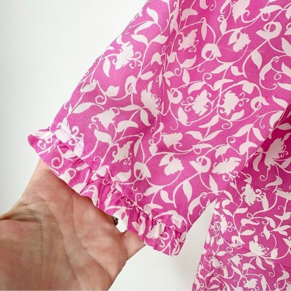 Lilita Azalea Pink Short Ruffle Sleeved Floral-Print Silk Mini Dress Sz Small - Picture 7 of 16